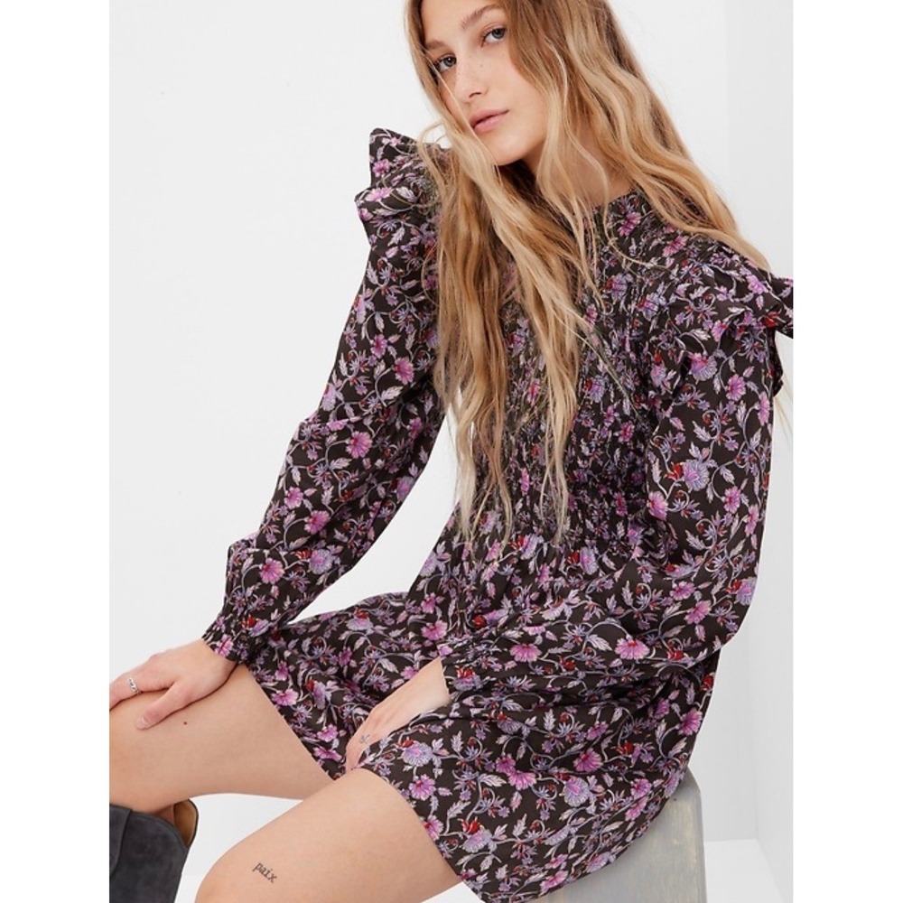 Gap Women Small Floral Smocked Ruffle Shoulder Long Sleeve Mini Dress Purple
